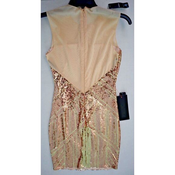 bebe Women's Sz Small Rose Gold Geo-Sequin Blocked Mini Body Con Dress - Picture 2 of 11